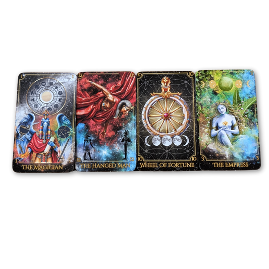 Written in the Stars Tarot Deck by Emporos — Higher Arcana cards The Magician, The Hanged Man, Wheel of Fortune and The Empress, Egyptian mythology, designed in Devon