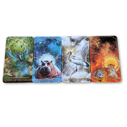 Four Queens laid flat Written in the Stars Tarot Deck by Emporos — Queen of Pentacles, Cups, Swords and Wands featuring Egyptian animal symbolism